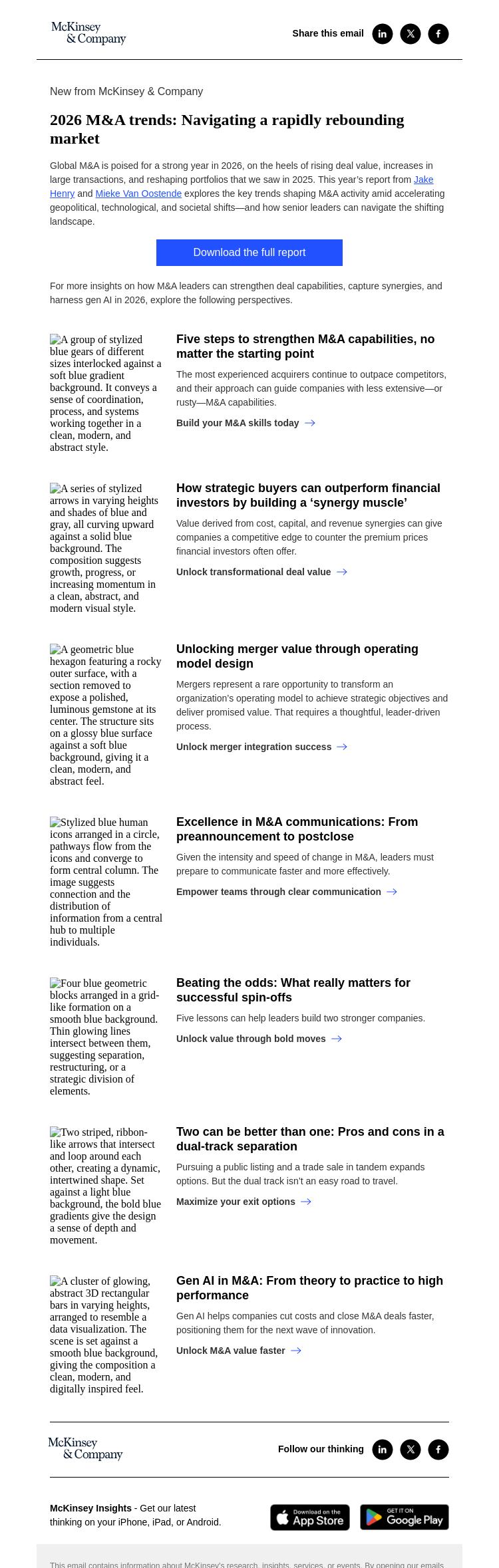 Письмо компании «McKinsey & Company» на тему «2026 M&A trends: Navigating a rapidly rebounding market»