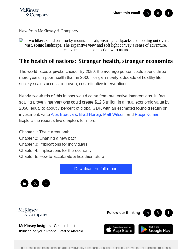 Письмо компании «McKinsey & Company» на тему «The health of nations: Stronger health, stronger economies»