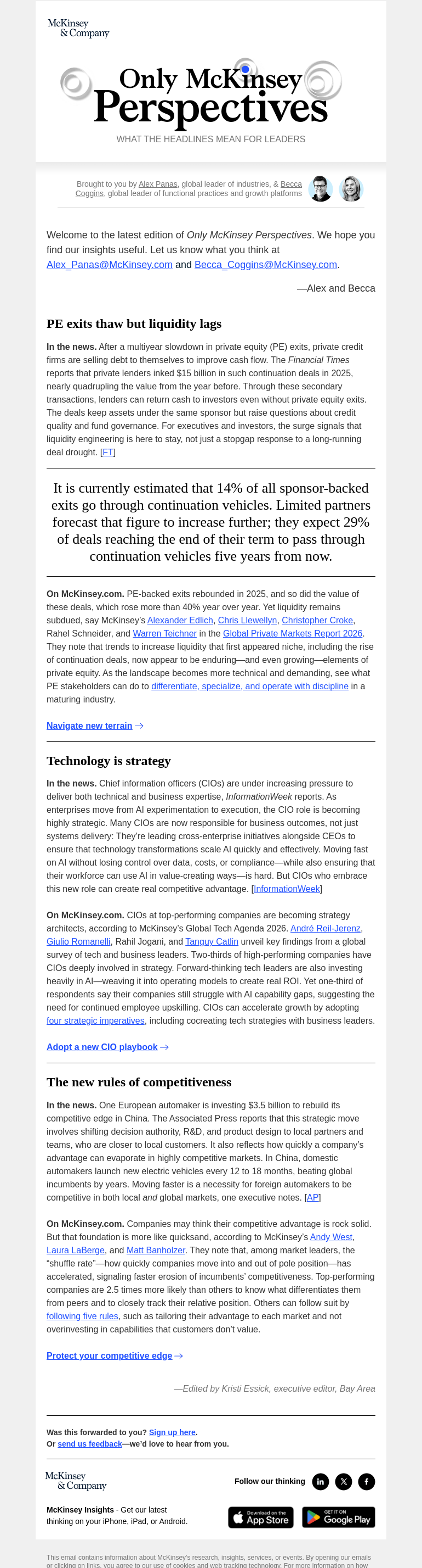 Письмо компании «McKinsey & Company» на тему «Private equity exits are thawing, the CIO’s expanding mandate, and boosting your company’s competitive advantage»