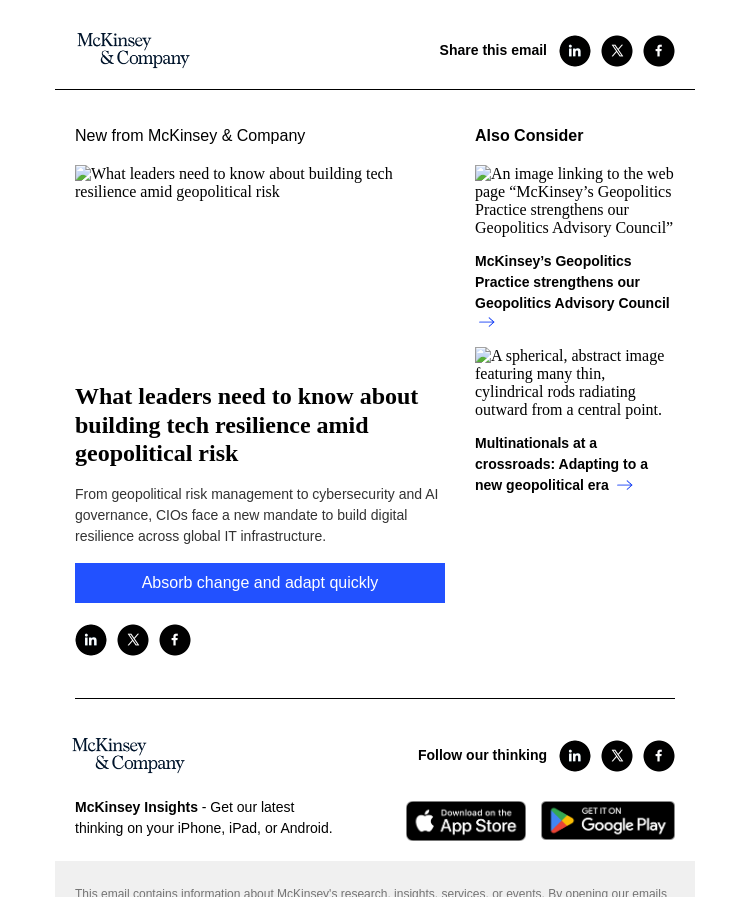 Письмо компании «McKinsey & Company» на тему «What leaders need to know about building tech resilience amid
 geopolitical risk»