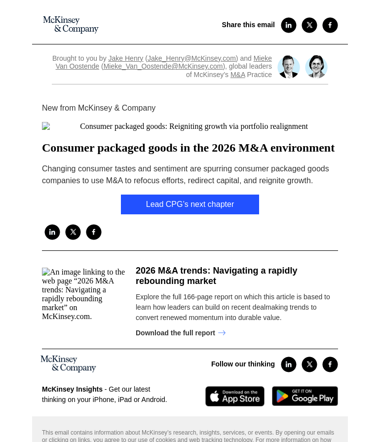 Письмо компании «McKinsey & Company» на тему «Consumer packaged goods in the 2026 M&A environment»