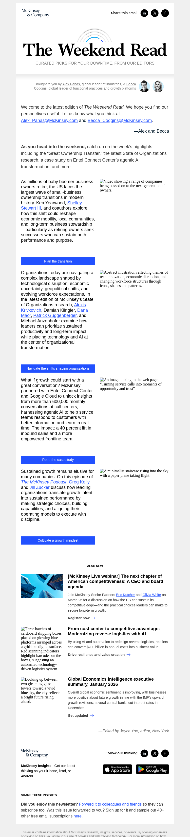 Письмо компании «McKinsey & Company» на тему «The Great Ownership Transfer, the State of Organizations 2026, and
 more»