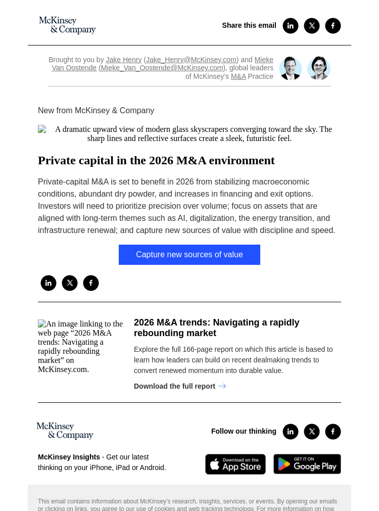 Письмо компании «McKinsey & Company» на тему «Private capital in the 2026 M&A environment»
