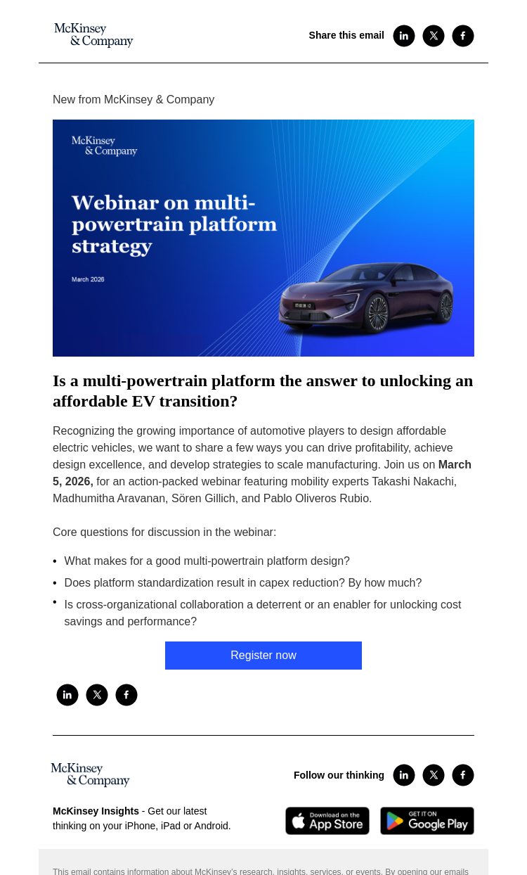 Письмо компании «McKinsey & Company» на тему «You’re invited! Join us for a virtual event on multi-powertrain strategy»