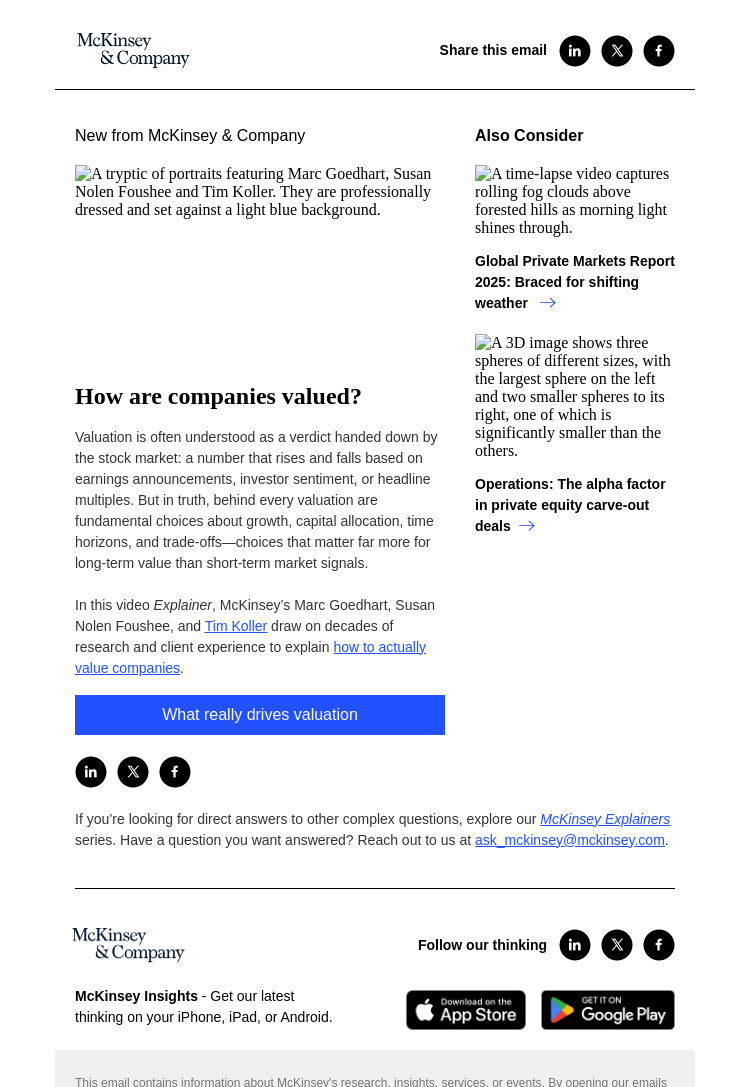 Письмо компании «McKinsey & Company» на тему «How are companies valued?»