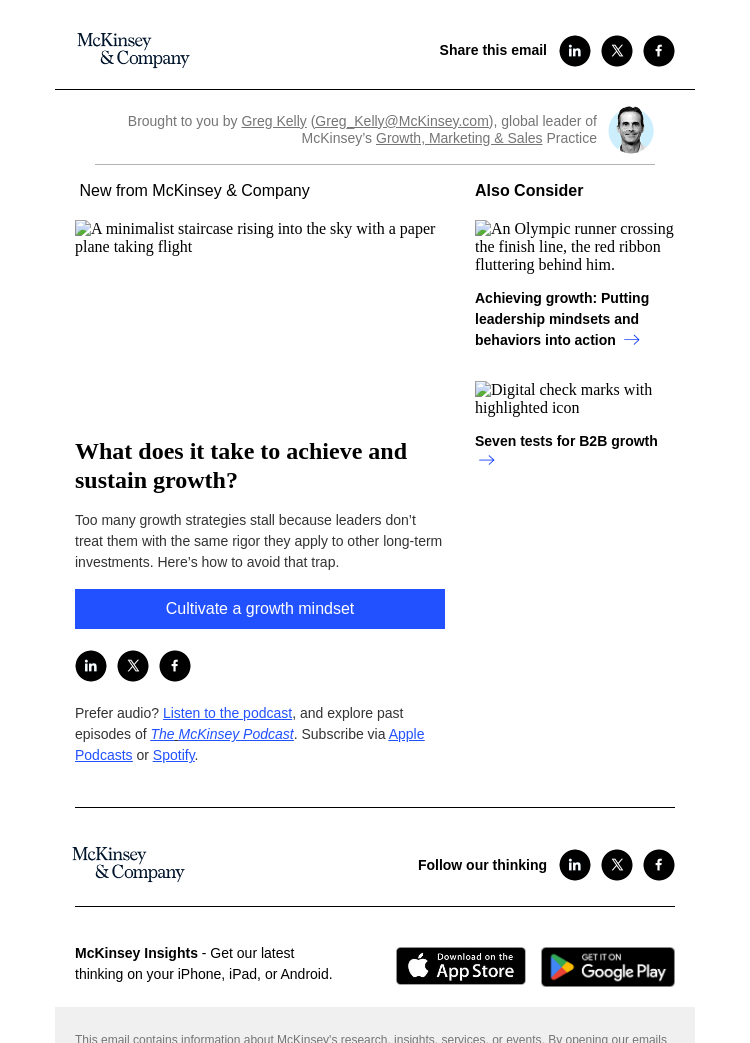 Письмо компании «McKinsey & Company» на тему «What does it take to achieve and sustain growth?»