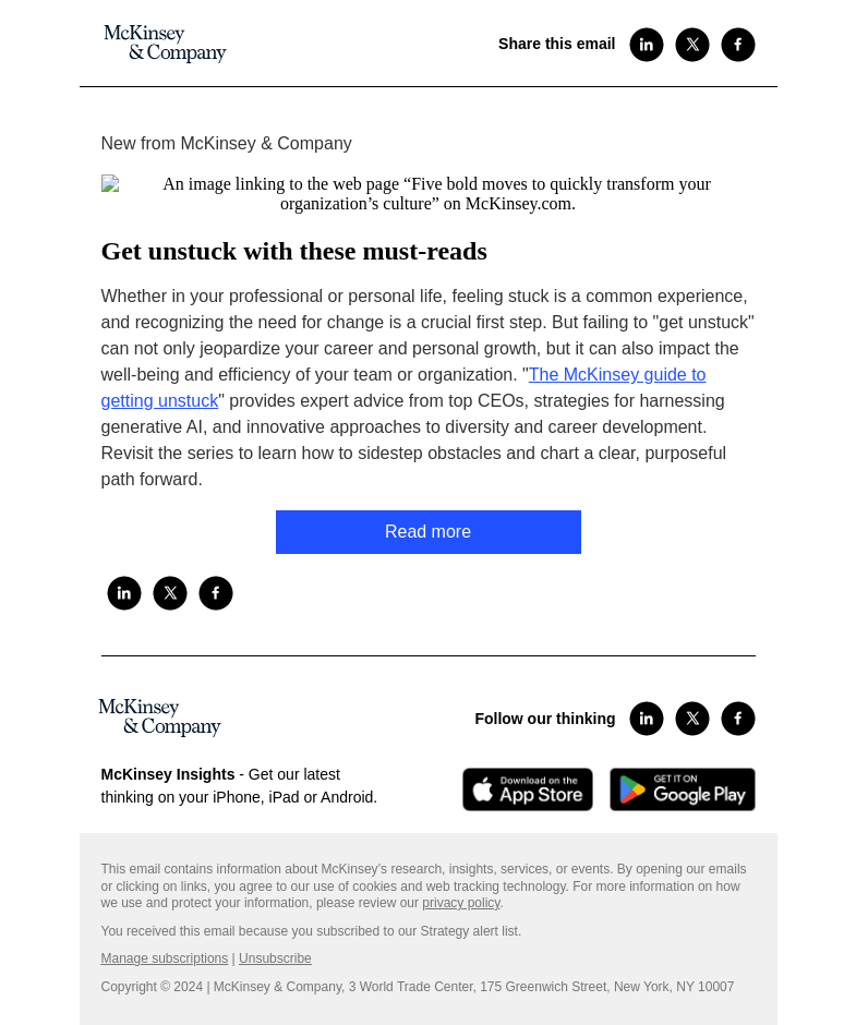 Письмо компании «McKinsey & Company» на тему «The McKinsey guide to getting unstuck»