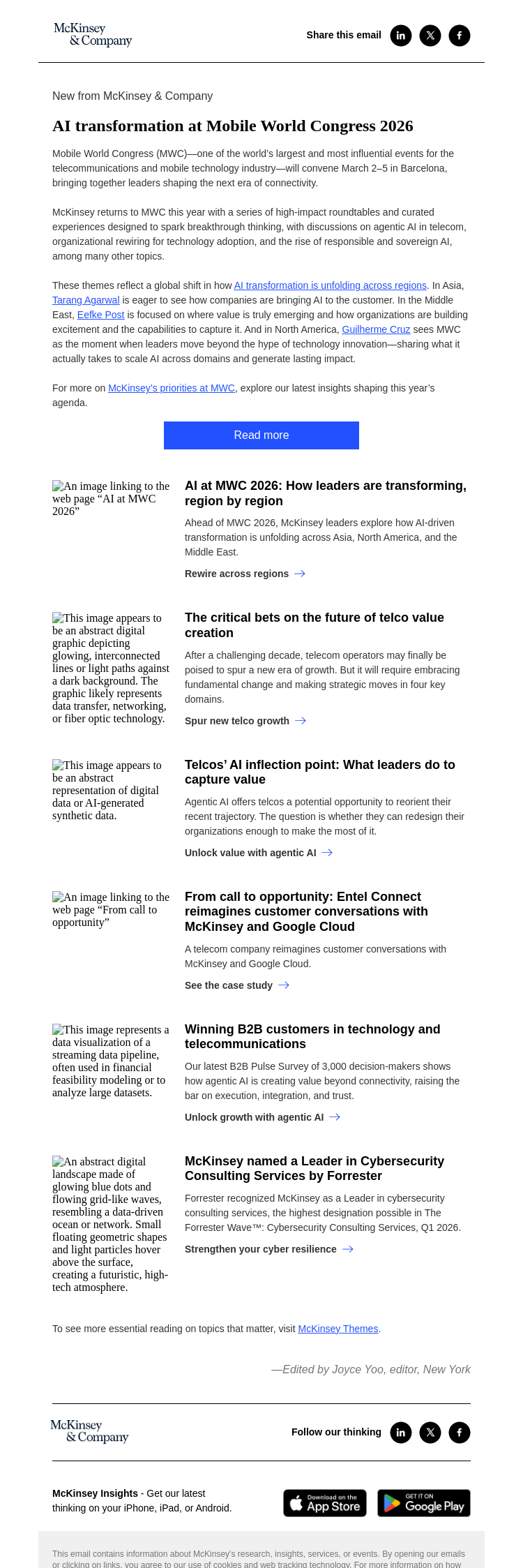 Письмо компании «McKinsey & Company» на тему «What to expect at Mobile World Congress 2026»
