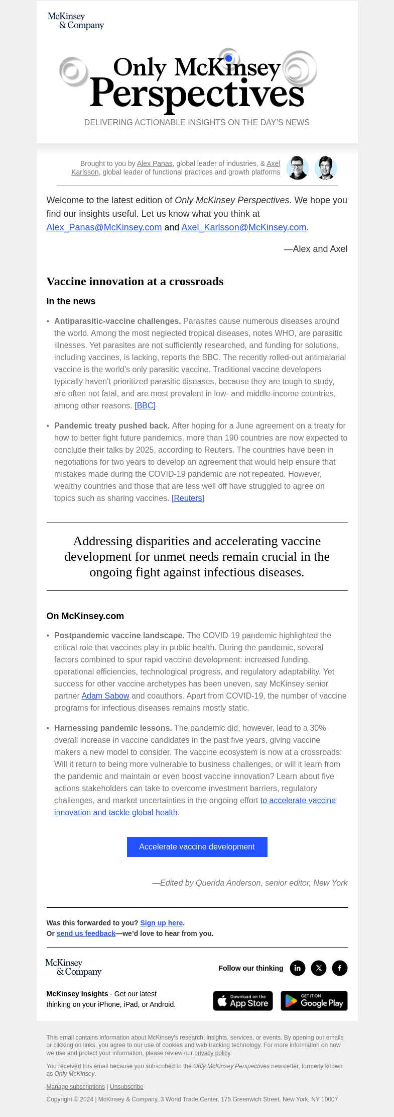Письмо компании «McKinsey & Company» на тему «How to tackle vaccine innovation for infectious diseases»