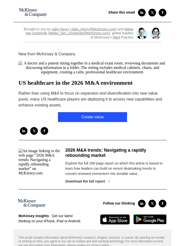 Письмо компании «McKinsey & Company» на тему «US healthcare in the 2026 M&A environment»