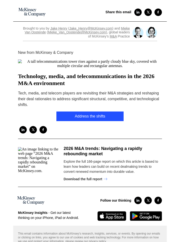 Письмо компании «McKinsey & Company» на тему «Technology, media, and telecommunications in the 2026 M&A
 environment»