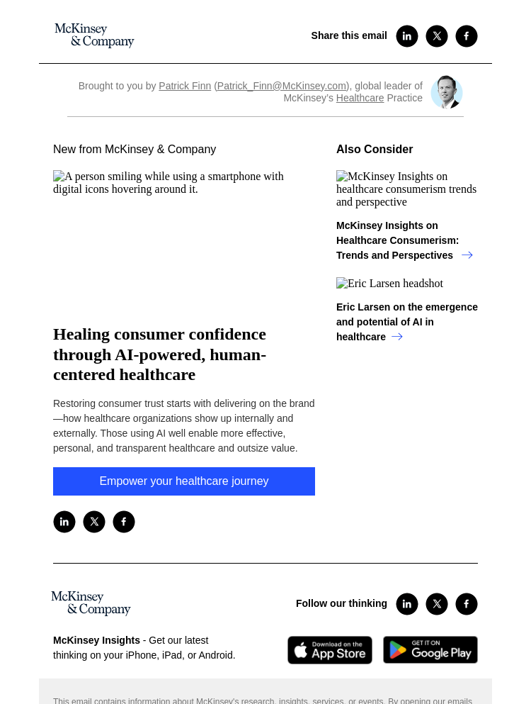Письмо компании «McKinsey & Company» на тему «Healing consumer confidence through AI-powered, human-centered
 healthcare»