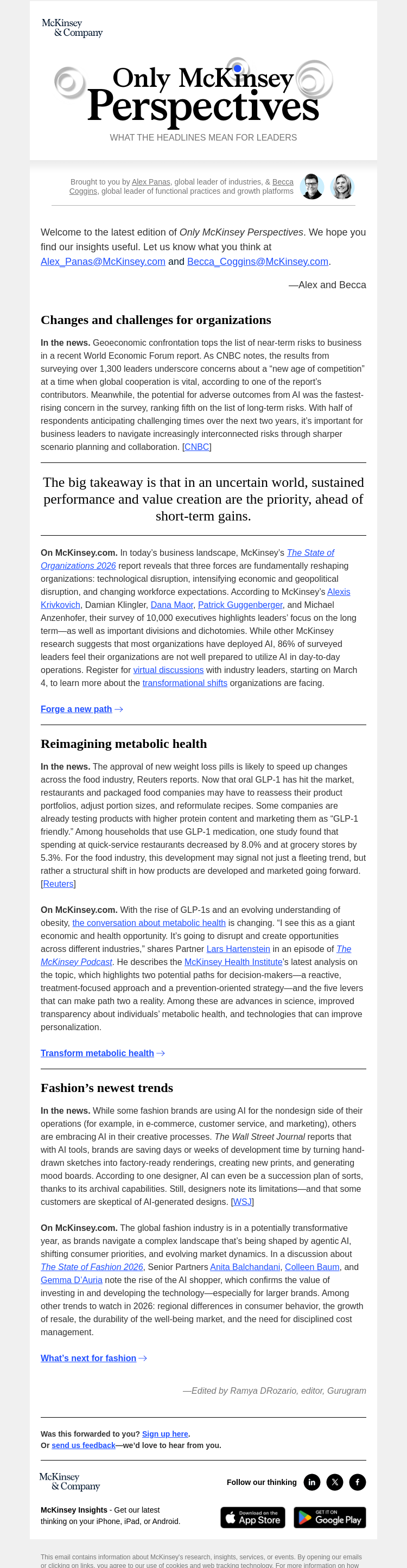 Письмо компании «McKinsey & Company» на тему «The three tectonic forces transforming today’s companies. Plus, the cross-industry effects of GLP-1s and how AI is shaping fashion’s future»