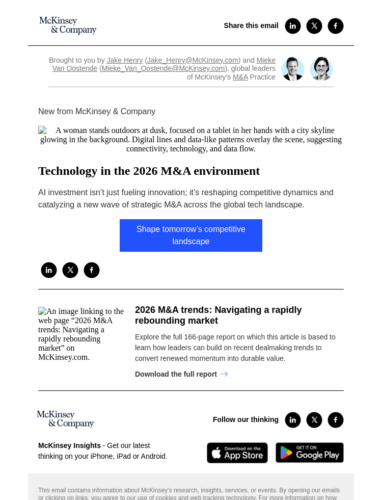 Письмо компании «McKinsey & Company» на тему «Technology in the 2026 M&A environment»