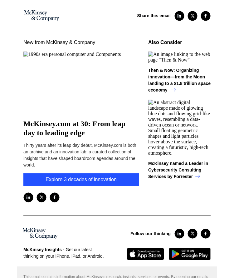 Письмо компании «McKinsey & Company» на тему «McKinsey.com at 30: From leap day to leading edge»