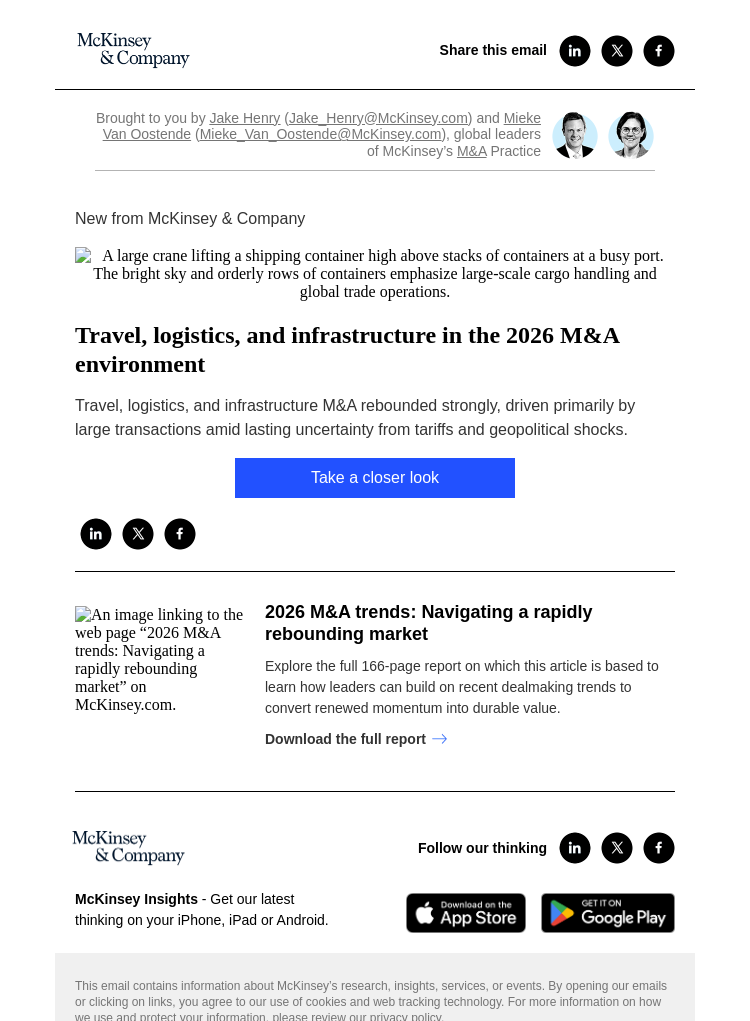 Письмо компании «McKinsey & Company» на тему «Travel, logistics, and infrastructure in the 2026 M&A environment»