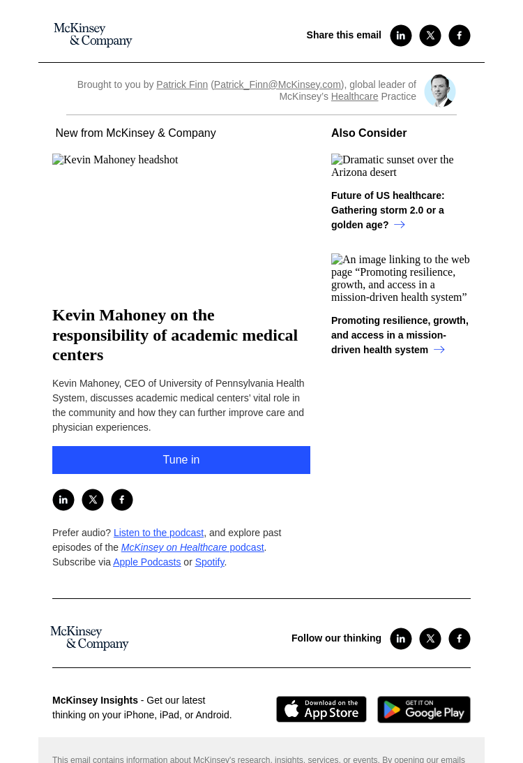 Письмо компании «McKinsey & Company» на тему «Kevin Mahoney on the responsibility of academic medical centers»