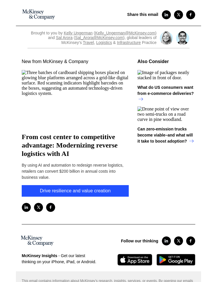 Письмо компании «McKinsey & Company» на тему «From cost center to competitive advantage: Modernizing reverse
 logistics with AI»