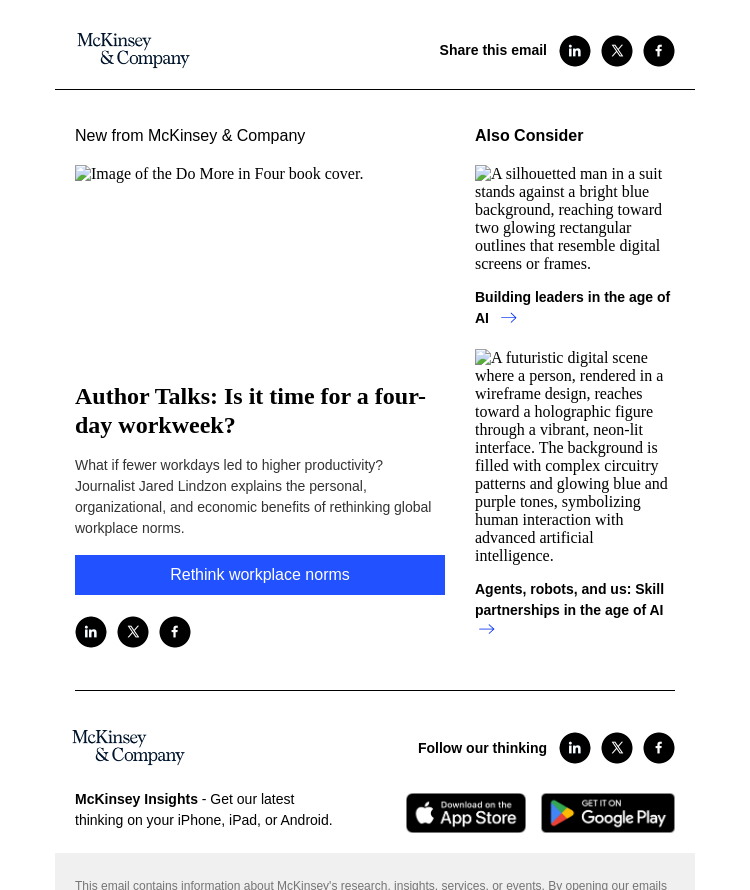 Письмо компании «McKinsey & Company» на тему «Author Talks: Is it time for a four-day workweek?»