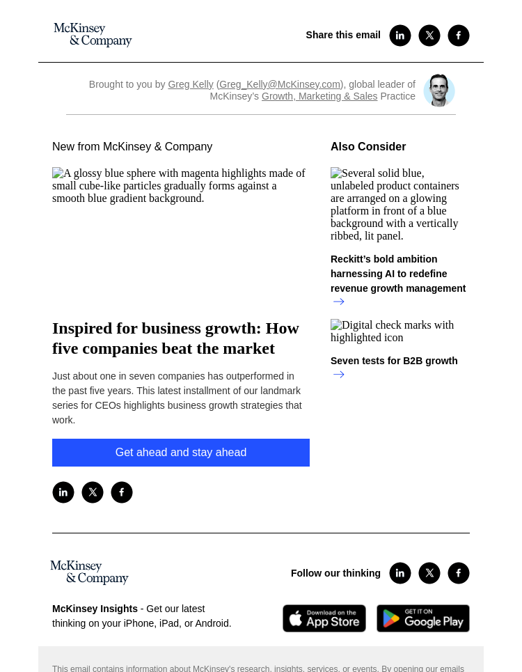 Письмо компании «McKinsey & Company» на тему «Inspired for business growth: How five companies beat the market»