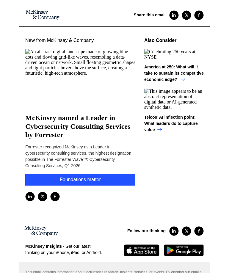 Письмо компании «McKinsey & Company» на тему «McKinsey named a Leader in Cybersecurity Consulting Services by
 Forrester»