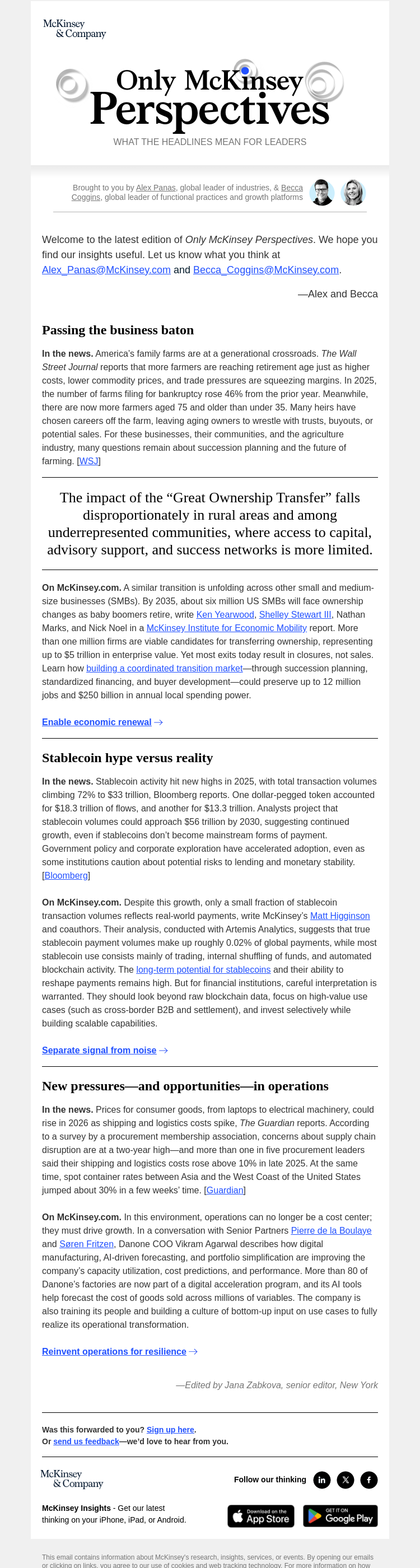Письмо компании «McKinsey & Company» на тему «A new generation of ownership transitions. Plus, separating
 stablecoin hype from reality and the value of reinventing operations»