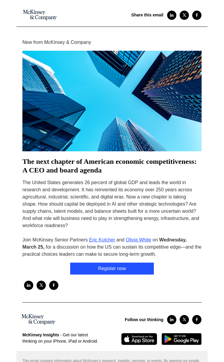 Письмо компании «McKinsey & Company» на тему «You’re invited! Join us for a McKinsey Live virtual event »
