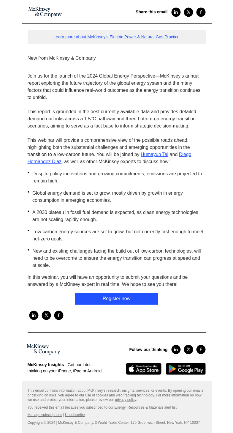Письмо компании «McKinsey & Company» на тему «You're invited! Join us for a virtual event on the 2024 Global
 Energy Perspective»