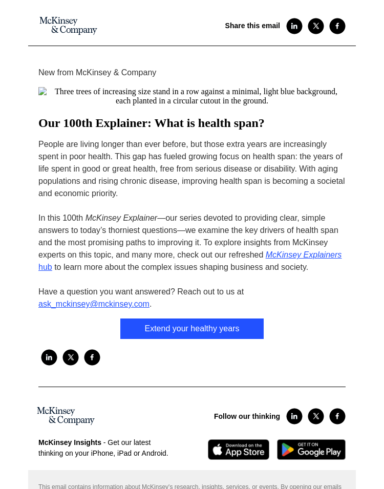 Письмо компании «McKinsey & Company» на тему «Our 100th Explainer: What is health span?»