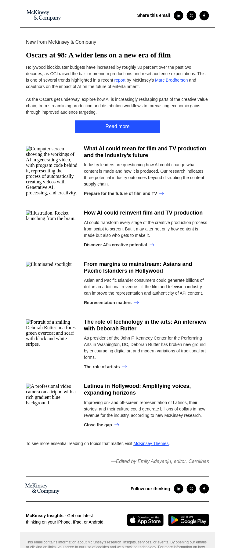 Письмо компании «McKinsey & Company» на тему «AI and the future of entertainment»