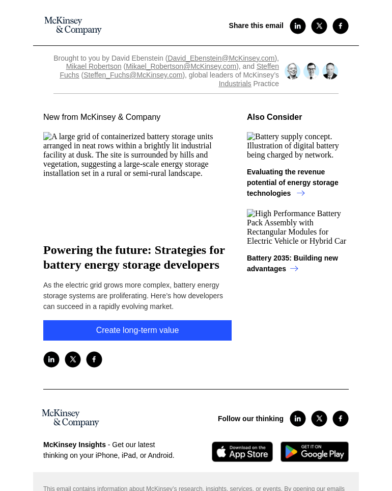 Письмо компании «McKinsey & Company» на тему «Powering the future: Strategies for battery energy storage
 developers»