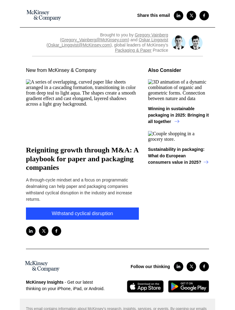 Письмо компании «McKinsey & Company» на тему «Reigniting growth through M&A: A playbook for paper and packaging
 companies»