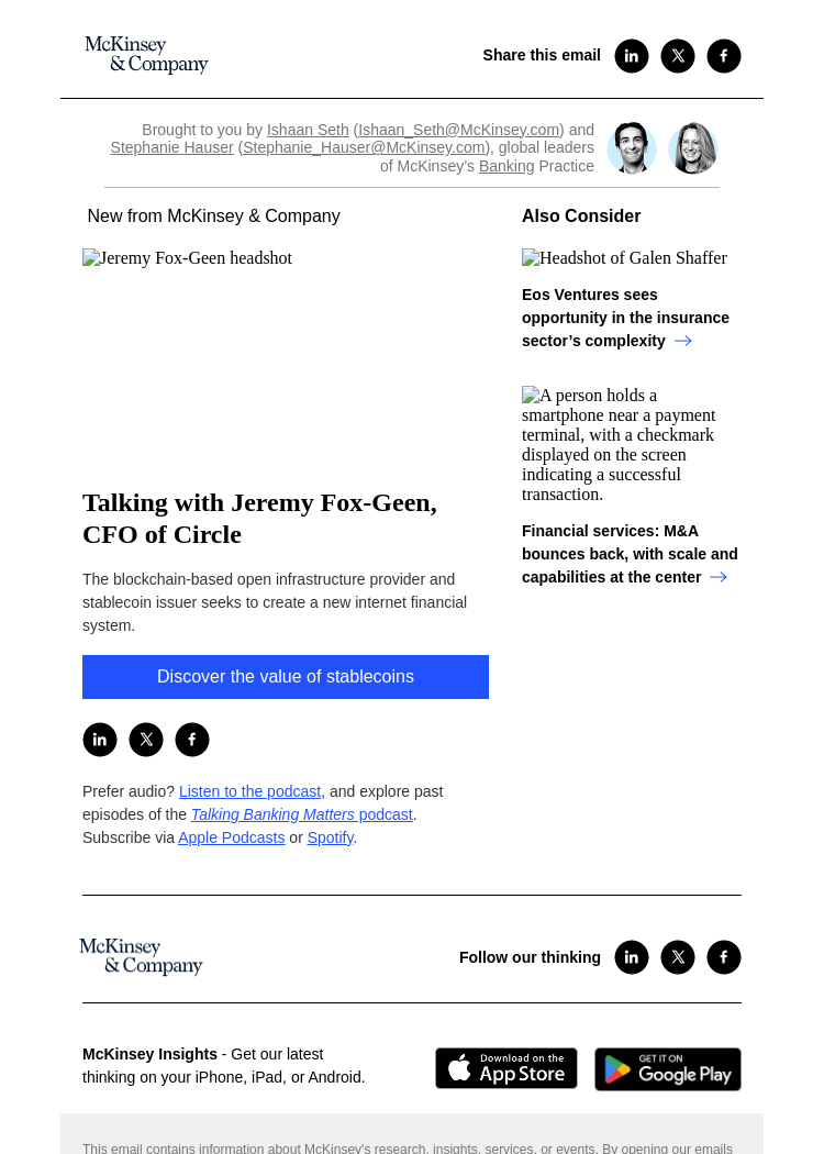 Письмо компании «McKinsey & Company» на тему «Talking with Jeremy Fox-Geen, CFO of Circle»