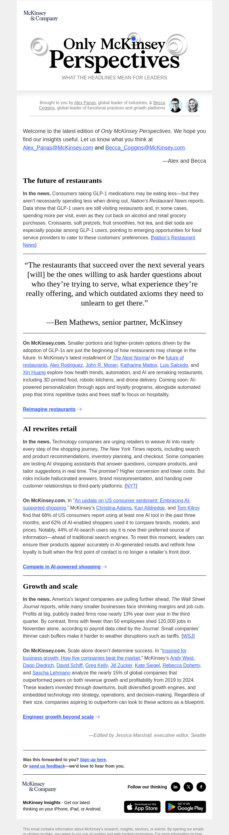 Письмо компании «McKinsey & Company» на тему «What is the future of restaurants? Plus, the push to integrate AI
 into shopping and how companies beat the market»