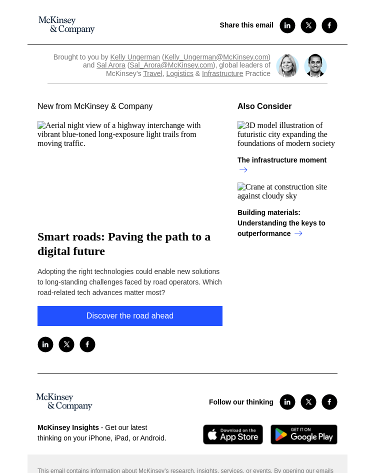 Письмо компании «McKinsey & Company» на тему «Smart roads: Paving the path to a digital future»