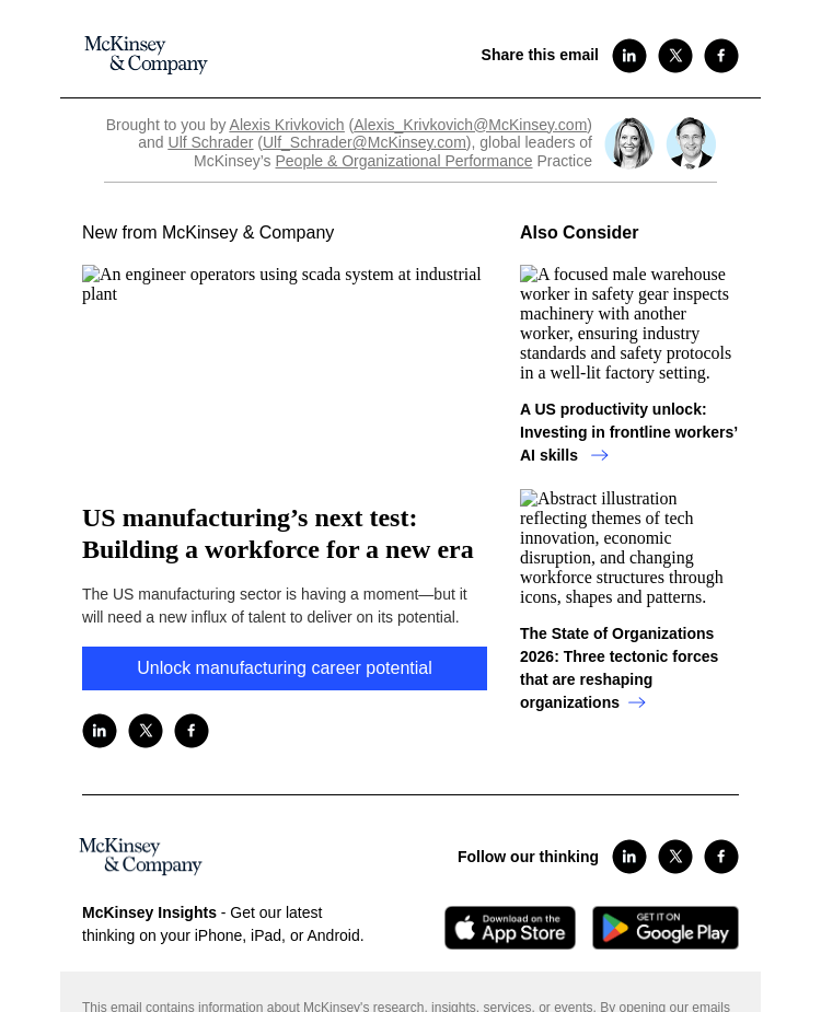 Письмо компании «McKinsey & Company» на тему «US manufacturing’s next test: Building a workforce for a new era»