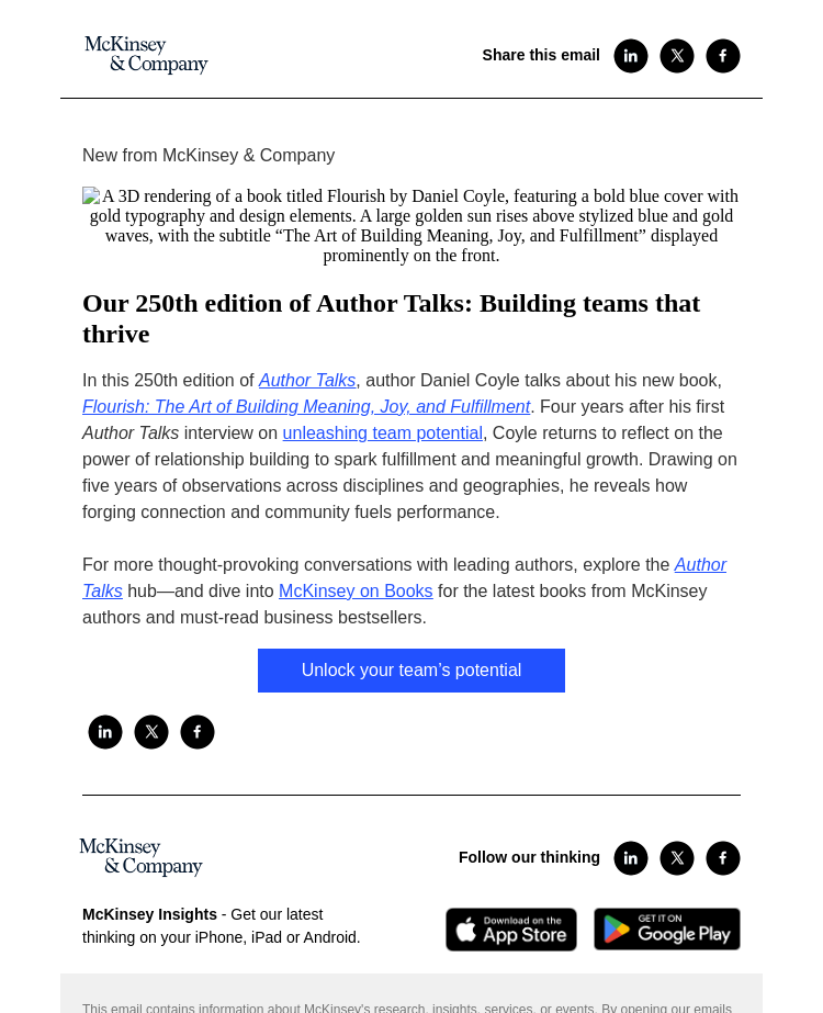 Письмо компании «McKinsey & Company» на тему «Our 250th edition of Author Talks: Building teams that thrive»