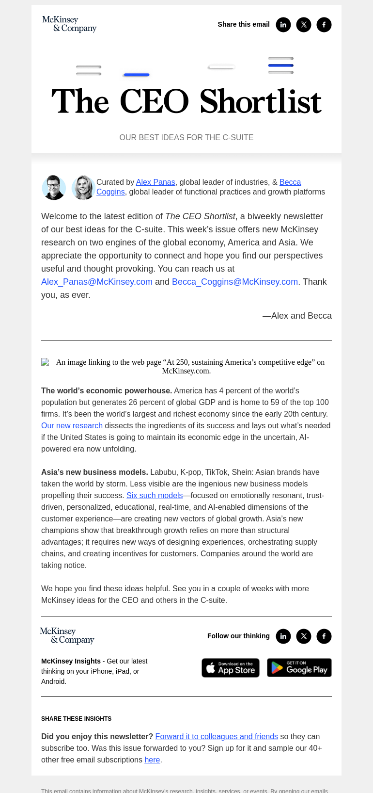 Письмо компании «McKinsey & Company» на тему «America’s edge, Asia’s new models»