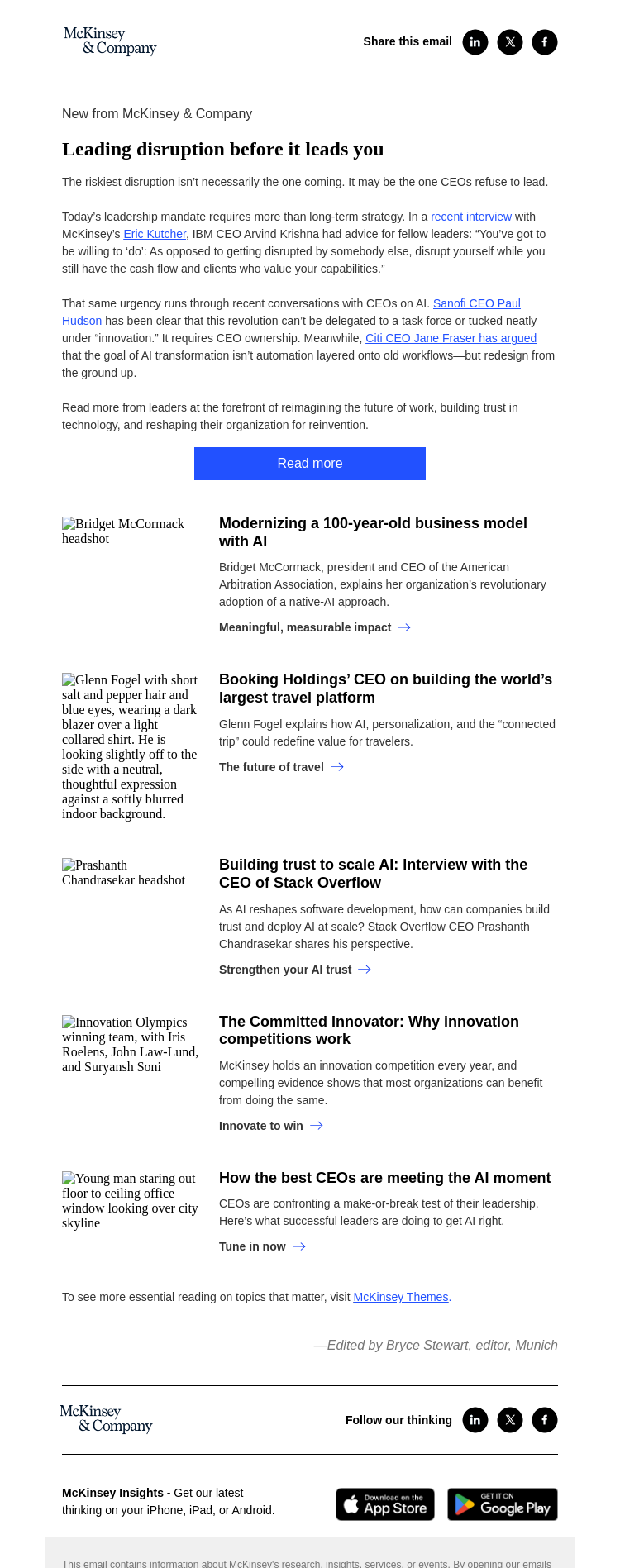 Письмо компании «McKinsey & Company» на тему «Leading disruption before it leads you»