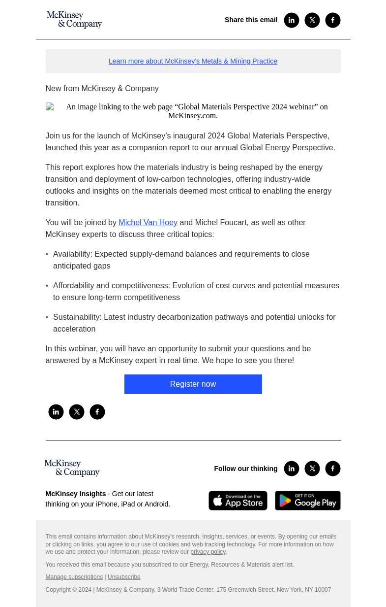 Письмо компании «McKinsey & Company» на тему «You're invited! Join us for a virtual event on the 2024 Global
 Materials Perspective»