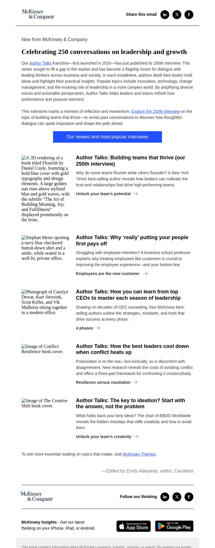 Письмо компании «McKinsey & Company» на тему «250 conversations on leadership and growth»