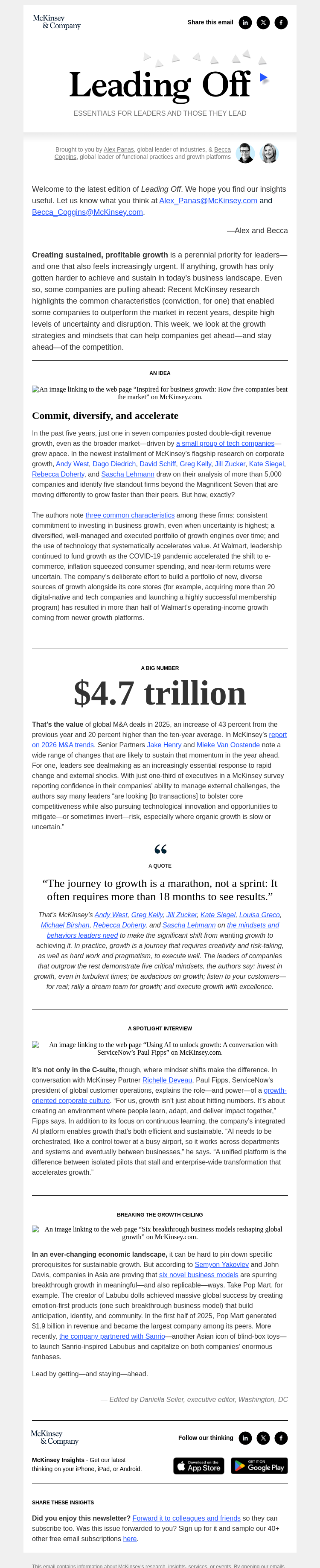 Письмо компании «McKinsey & Company» на тему «Powering true engines of growth: A leader’s guide»