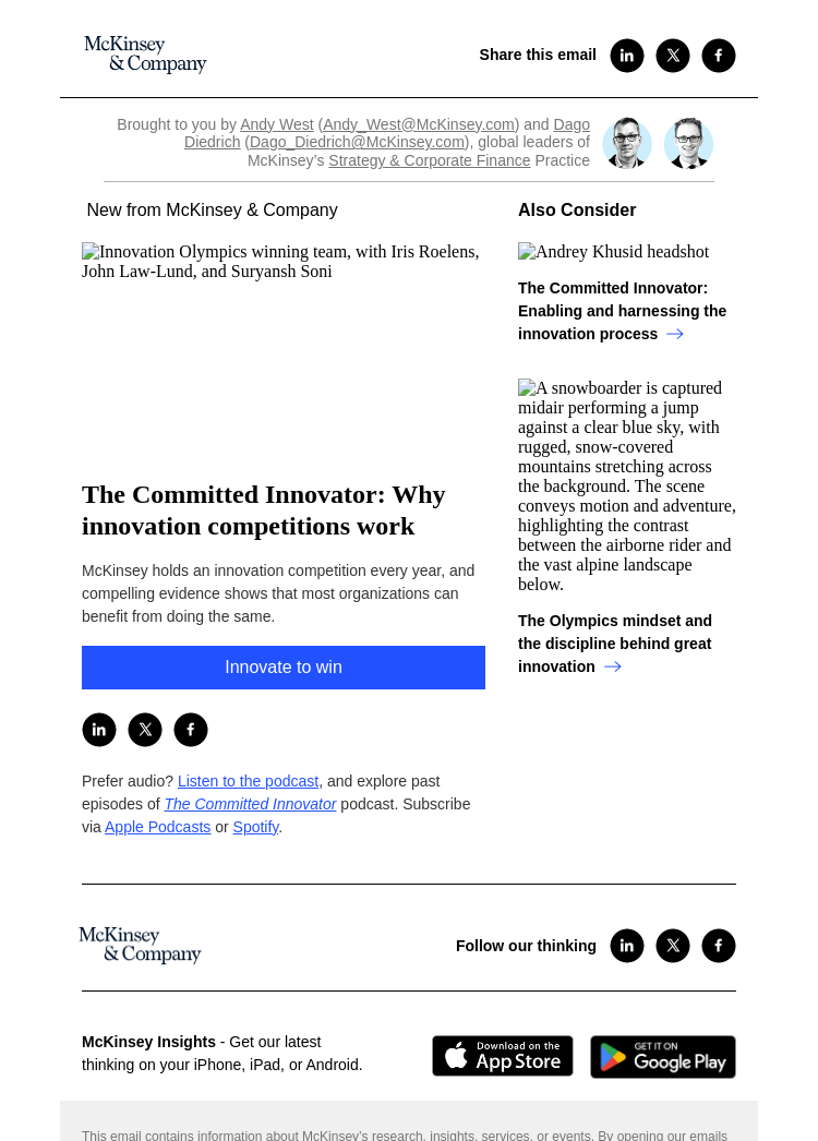 Письмо компании «McKinsey & Company» на тему «The Committed Innovator: Why innovation competitions work»