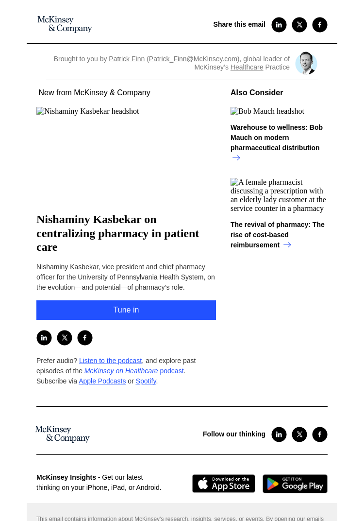 Письмо компании «McKinsey & Company» на тему «Nishaminy Kasbekar on centralizing pharmacy in patient care»