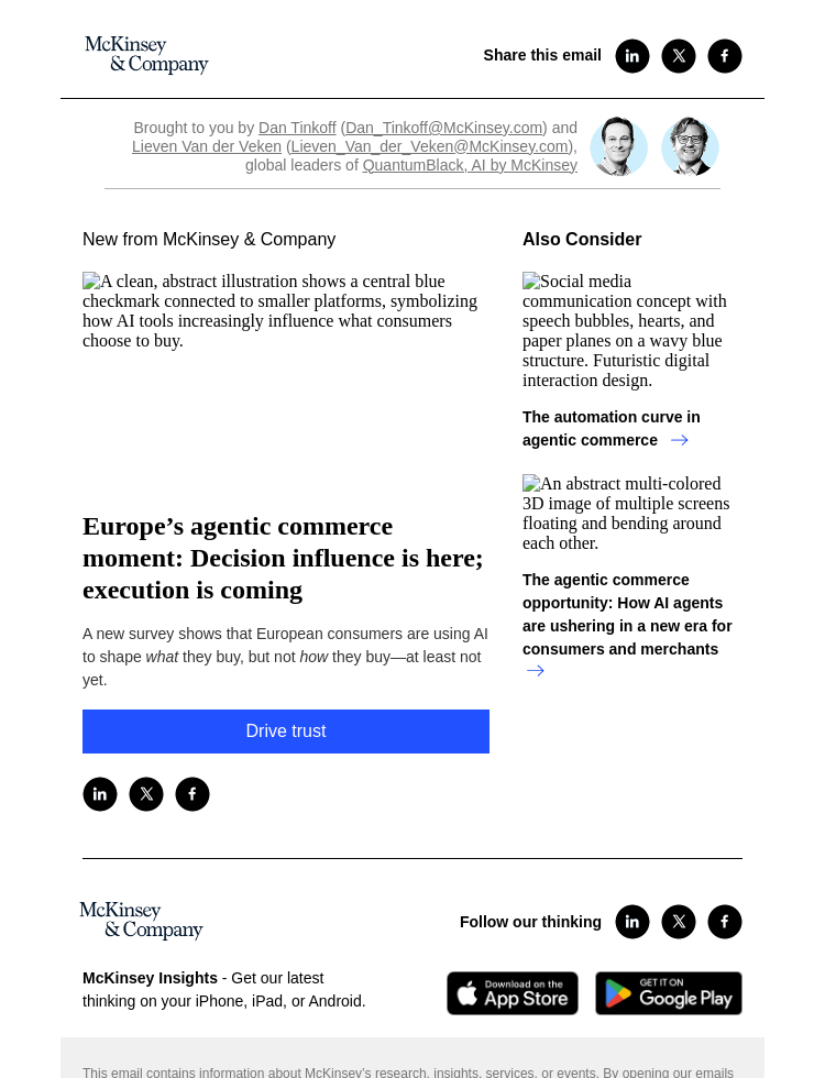 Письмо компании «McKinsey & Company» на тему «Europe’s agentic commerce moment: Decision influence is here; execution is coming»
