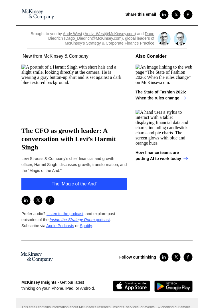 Письмо компании «McKinsey & Company» на тему «The CFO as growth leader: A conversation with Levi’s Harmit Singh»