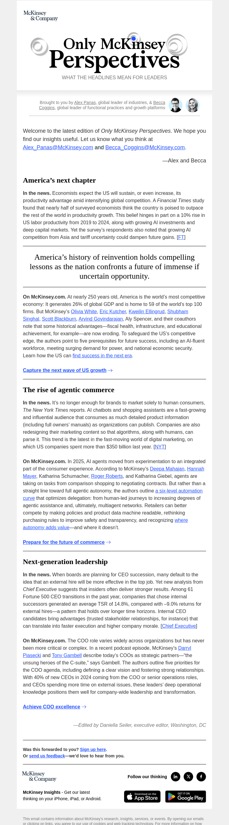Письмо компании «McKinsey & Company» на тему «A new outlook on US competitiveness, the automation curve in agentic commerce, and the COO’s evolving role»