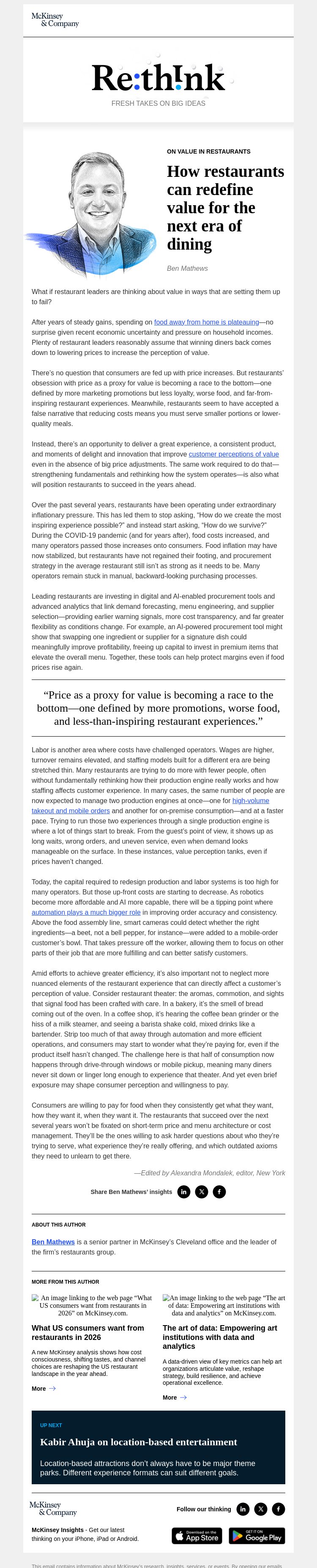 Письмо компании «McKinsey & Company» на тему «To create inspiring dining experiences, beef up the value»