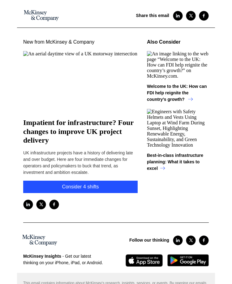 Письмо компании «McKinsey & Company» на тему «Impatient for infrastructure? Four changes to improve UK project
 delivery»