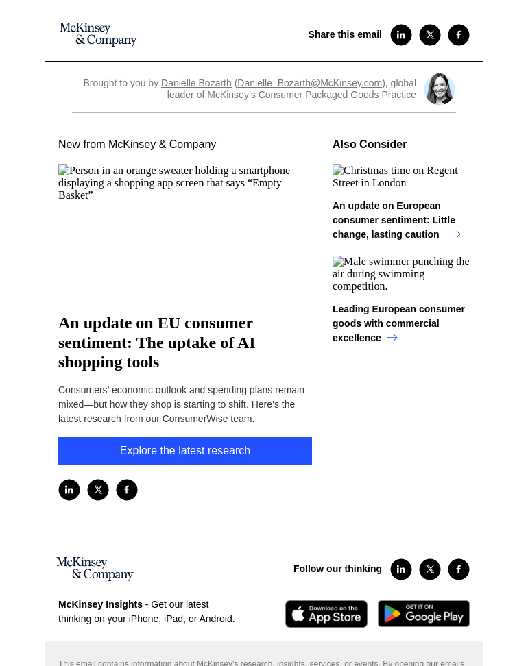 Письмо компании «McKinsey & Company» на тему «An update on EU consumer sentiment: The uptake of AI shopping tools»